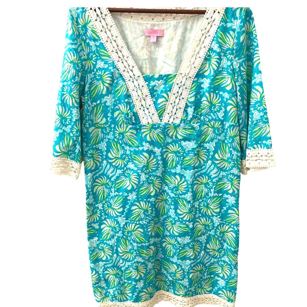 Lilly Pulitzer Sherman‎ Shorely Turquoise Seashell Swirl Crochet Tunic Dress 10